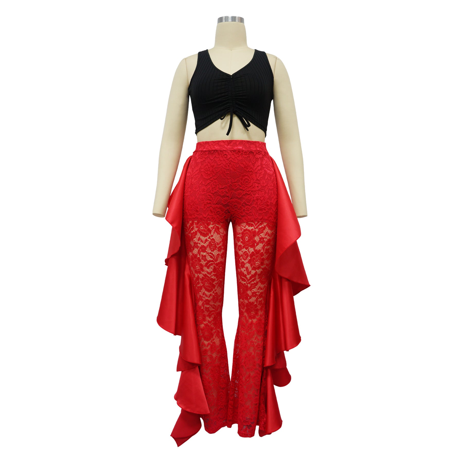 Fashion Women's Sexy high waist Ruffle See-Through Lace Pants 9