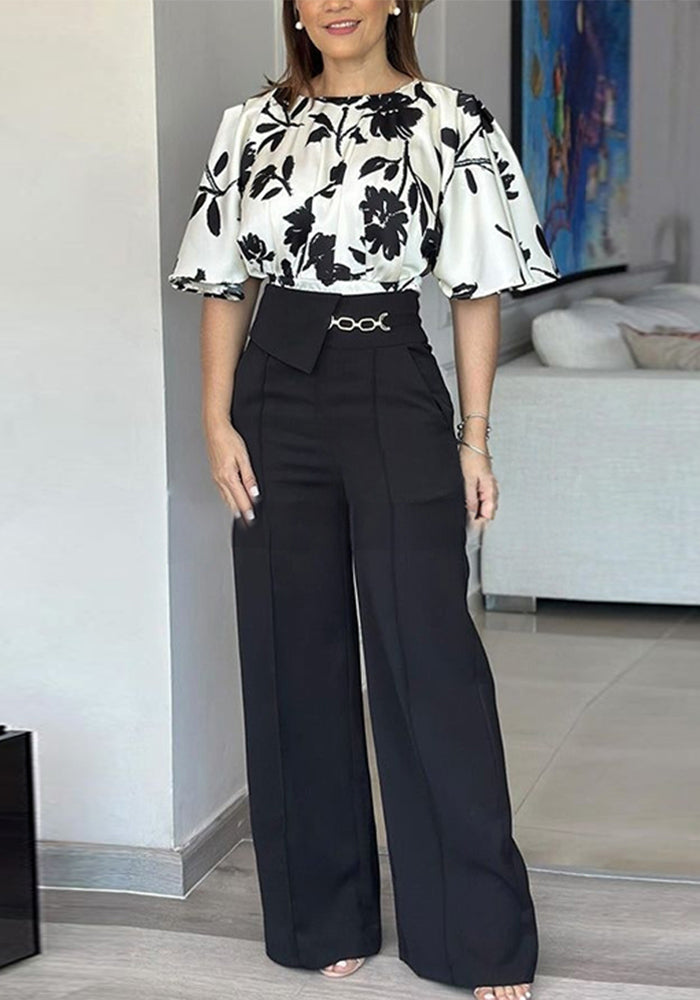 Women Printed Bell Bottom Sleeve Top and Pants Two-Piece Set