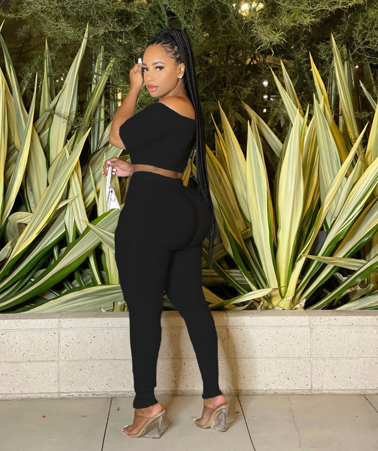 Women Summer Sexy Off Shoulder Short Sleeve Top and Button Pants Two-Piece Set 7