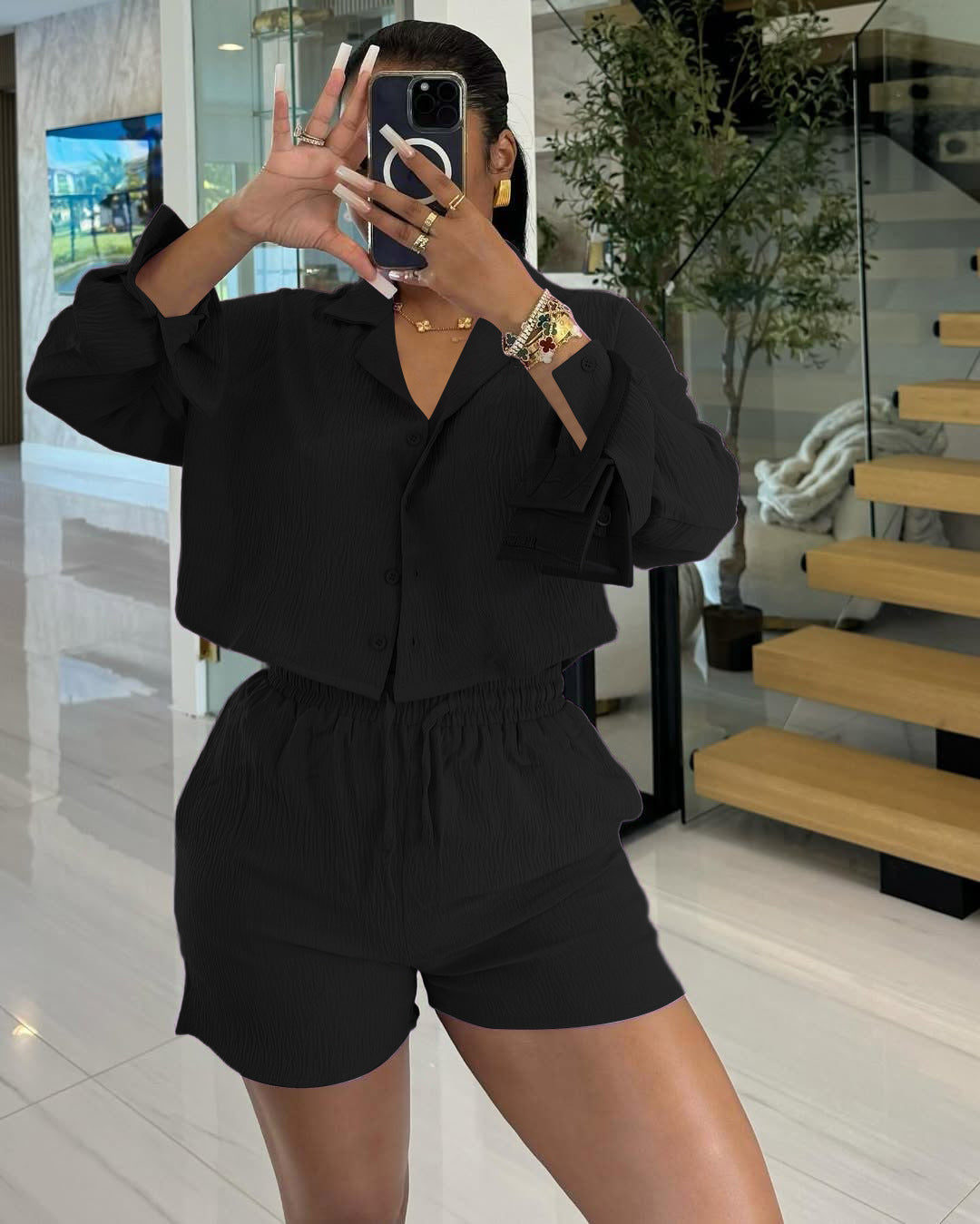 Women's Solid Color Long Sleeve Shirt Shorts Two-Piece Set