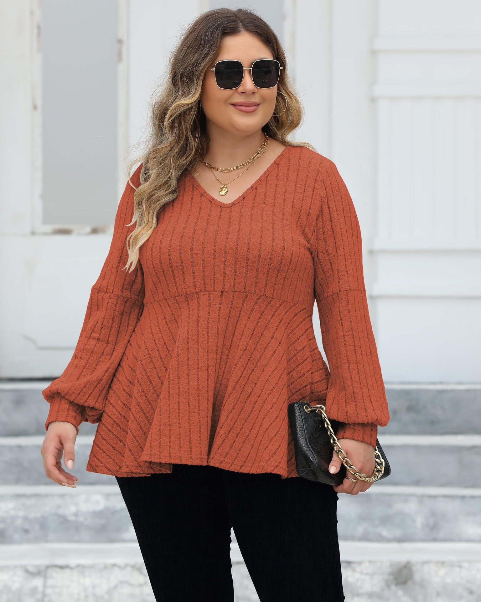 Women's Plus Size Tops Spring And Autumn V-Neck Ribbed Lantern Sleeve T-Shirt Basic Shirt 12