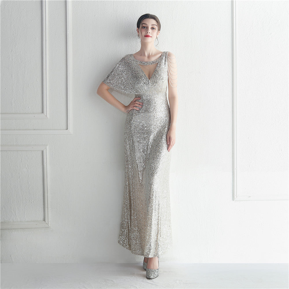 Beaded Ruffle Sleeve Mesh See-Through Bridesmaid Etiquette Celebration Dinner Long Evening Gown 13