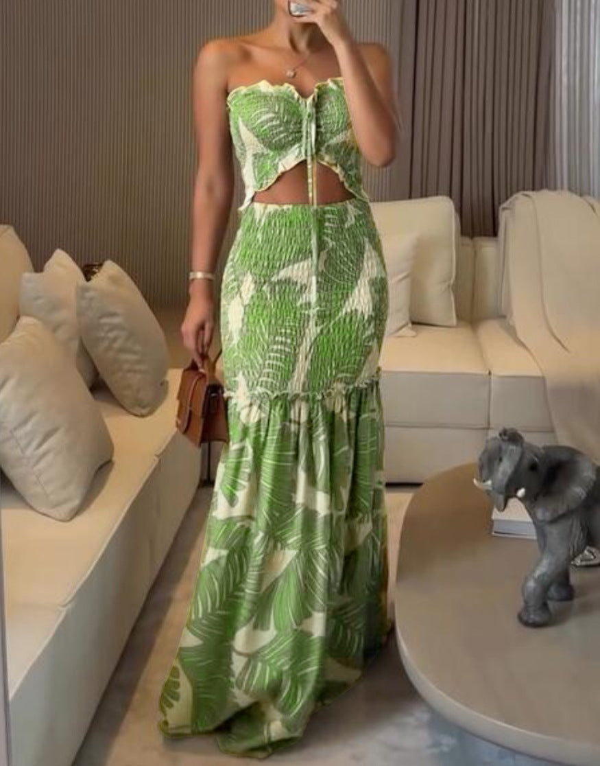 Women spring summer Halter Neck printed pleated casual lace Holidays dress 4