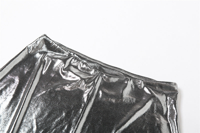 Women Summer Metallic Shiny Solid Round Neck Sleeveless Crop Top Bodycon Skirt Two-Piece Set 25