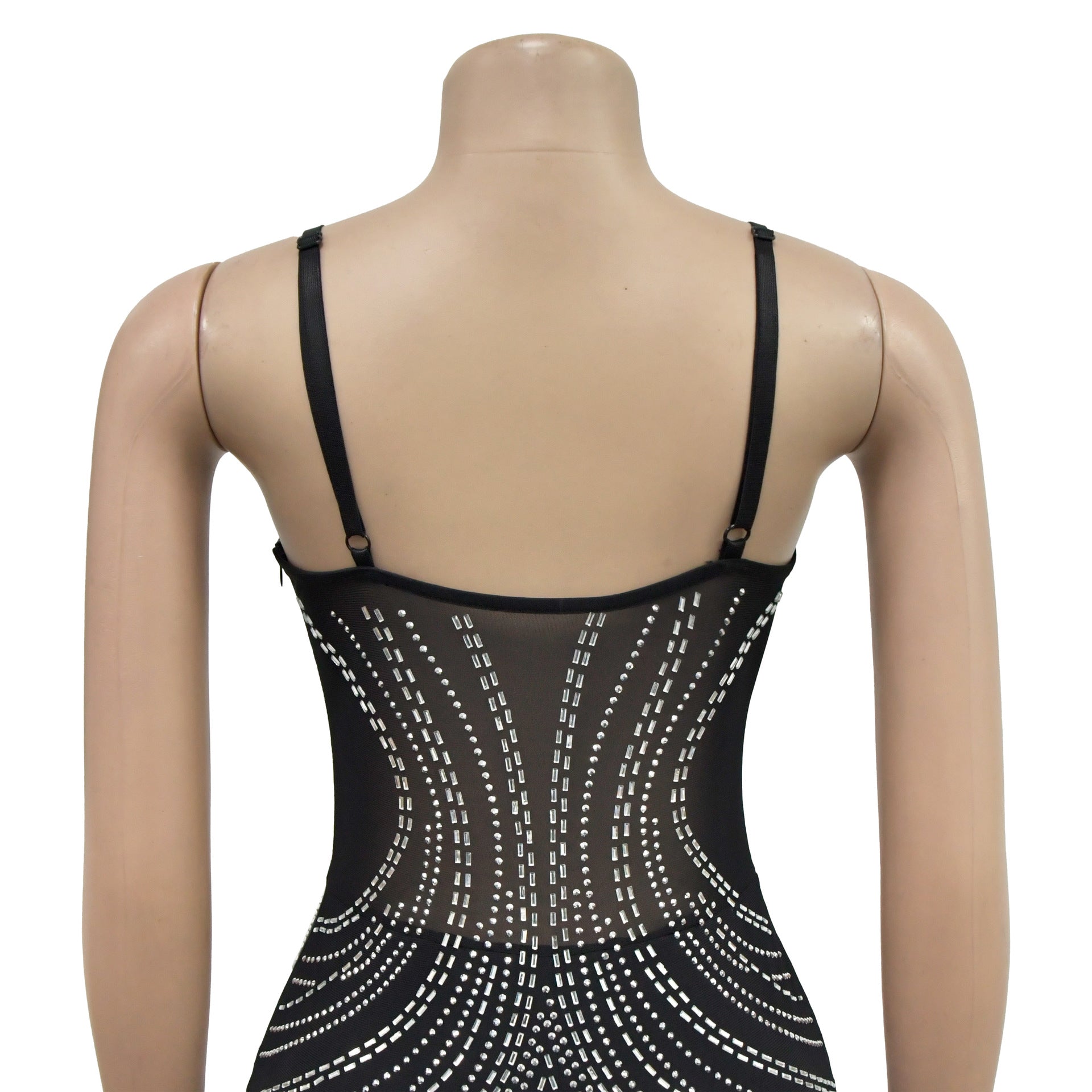 Fashion Women's Solid Color Mesh Beaded Strap Long Dress 15