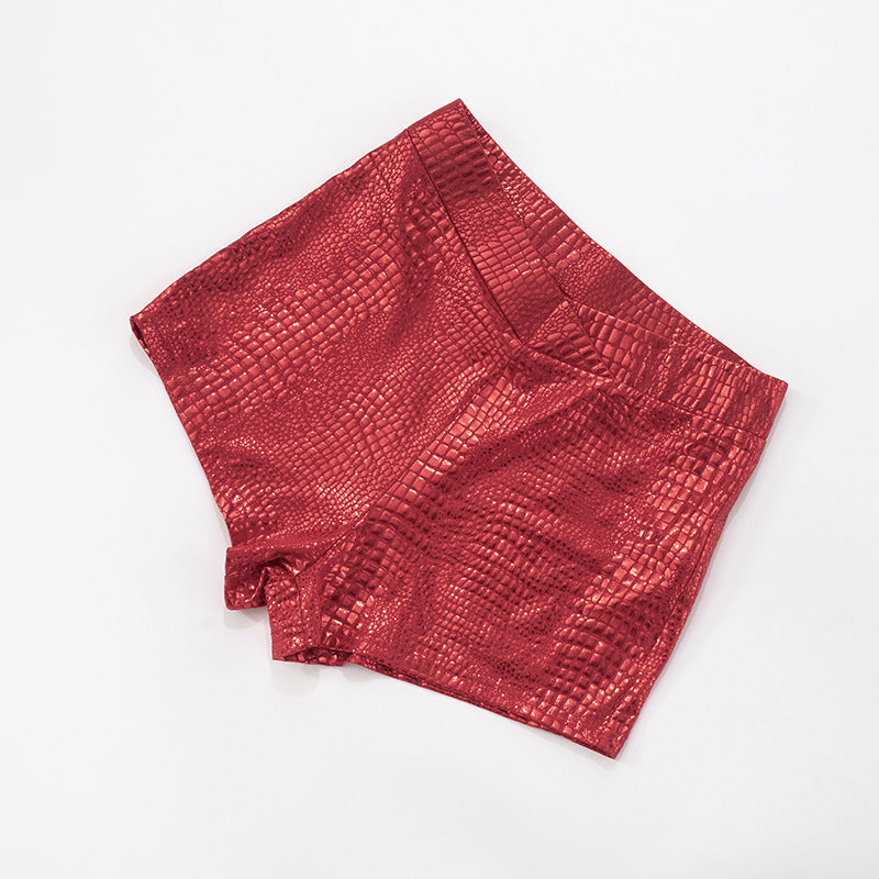 Women's Sexy Solid Color Faux PU Snake-Print Leather Tight-Fitting Low-Rise Shorts 7