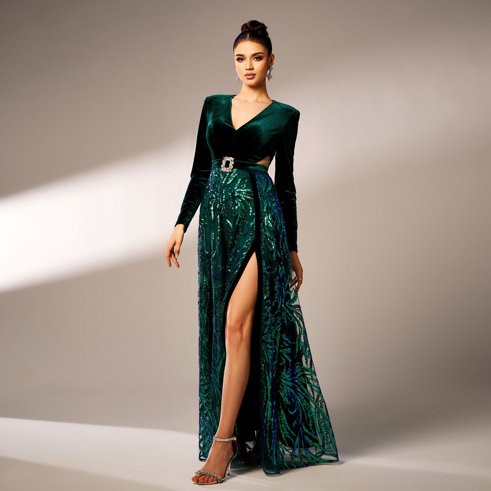 Luxury Long Sleeve V-Neck Formal Party Sequin Slit Evening Dress Women Bridesmaid Gown 5