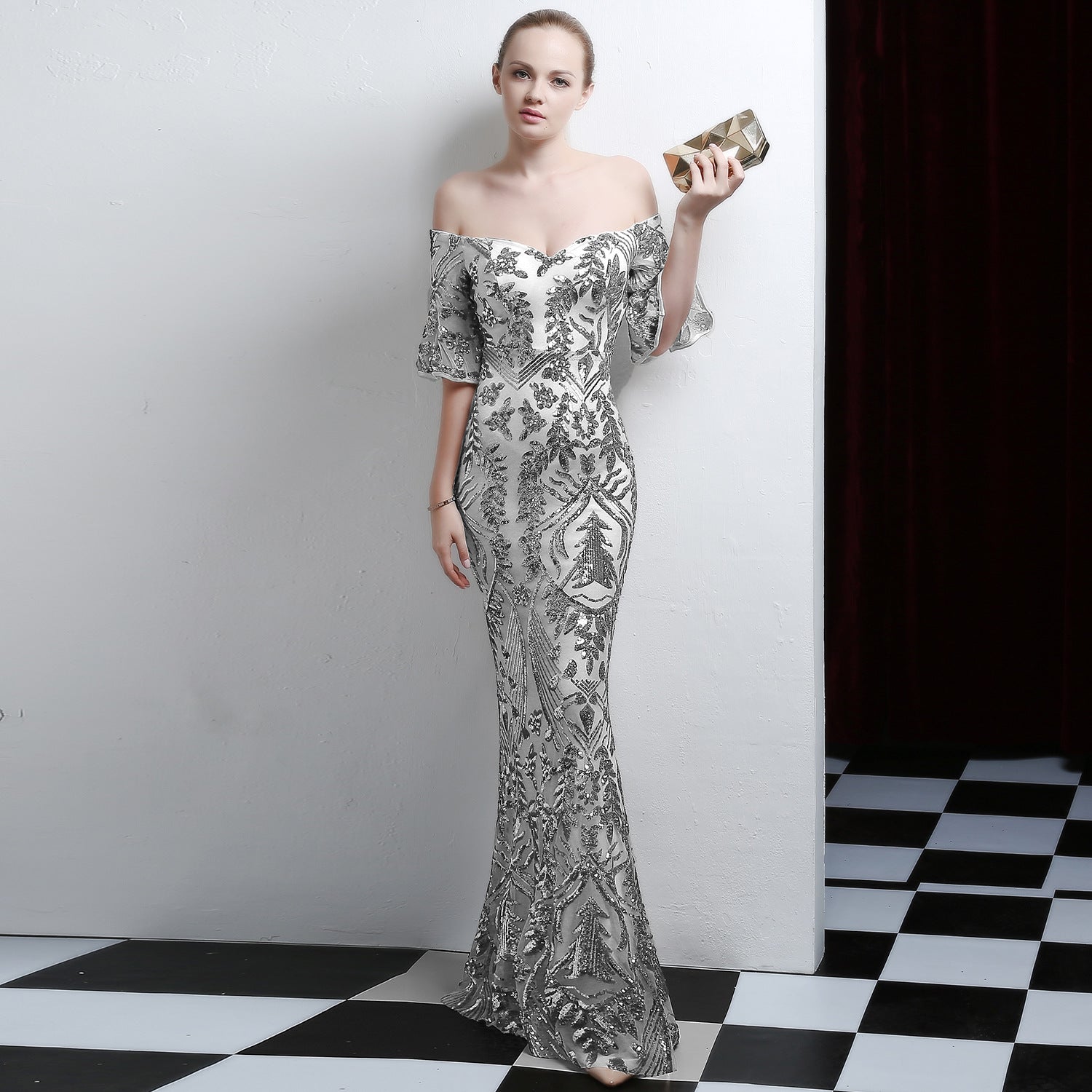 Women Elegant Off Shoulder Half Sleeve Sequins Party Evening Dress 5