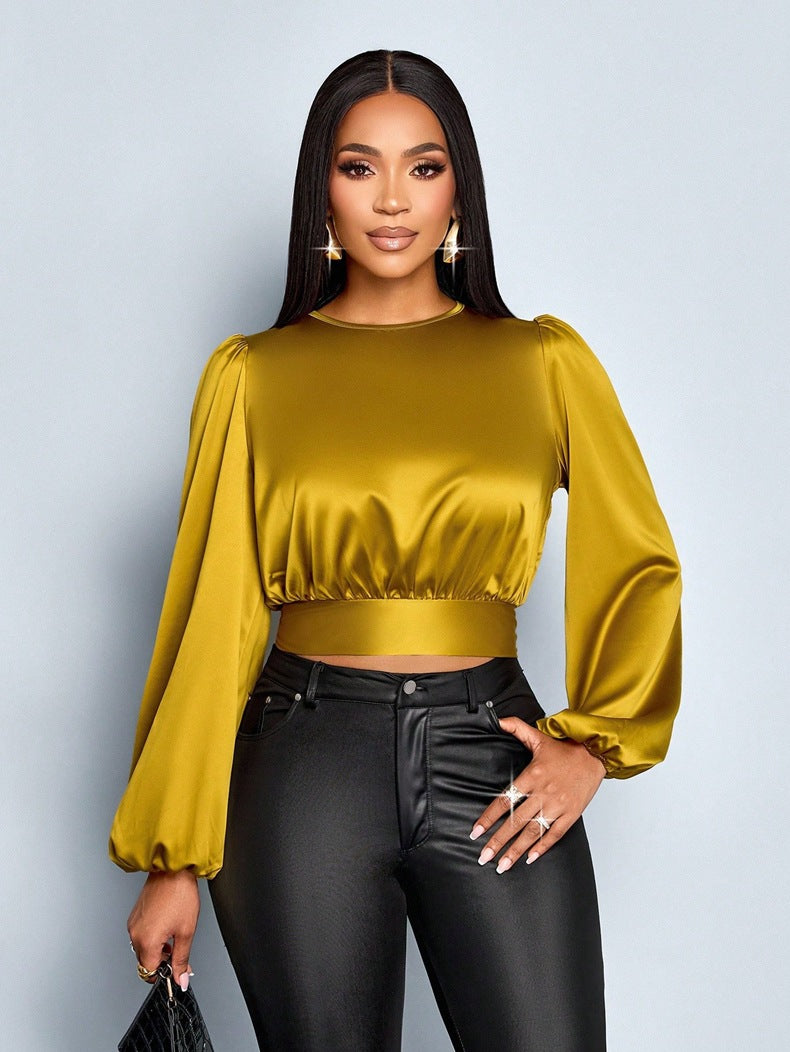 Women Fall Satin Sexy Leopard Print Top Shirt 9