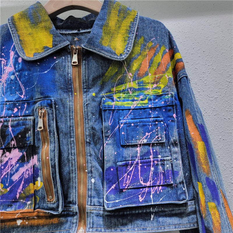 Fashionable Hand-Painted Graffiti Cargo Denim Top Women's Loose Shorts Jacket 5