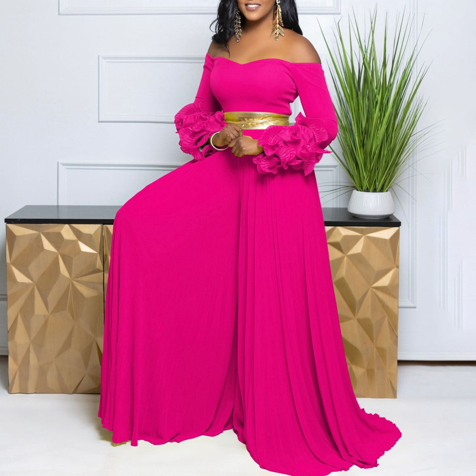Women Off Shoulder ruffle sleeve solid pleated wide-leg jumpsuit 5