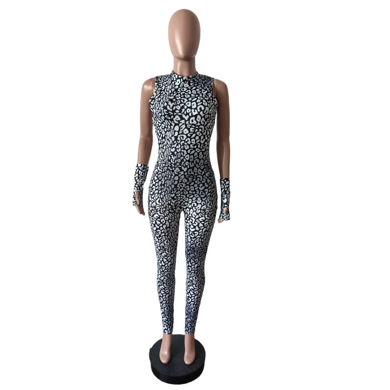 Women Leopard Print Sleeveless Halter Neck Backless Lace-Up Glove Jumpsuit 6