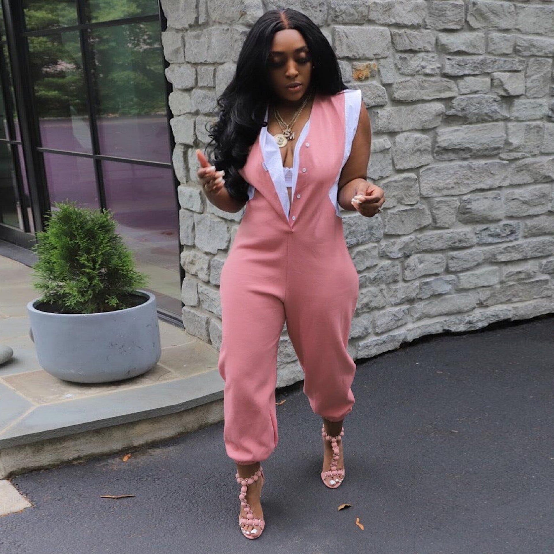 Sexy Slim Solid Patchwork Contrast Pocket Slim Jumpsuit