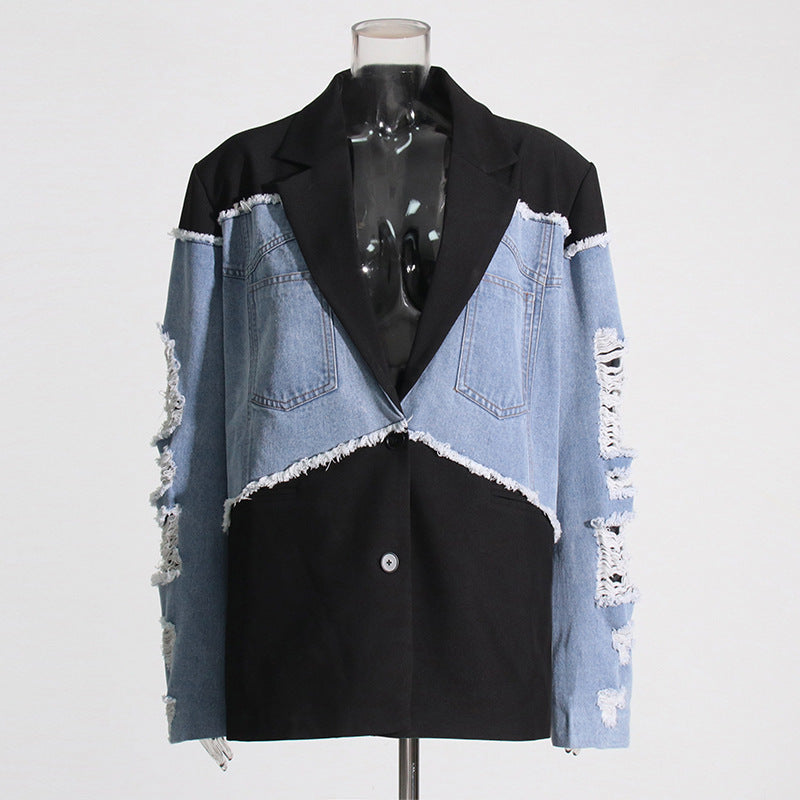Women Trendy Spring Denim Patchwork Contrast Blazer