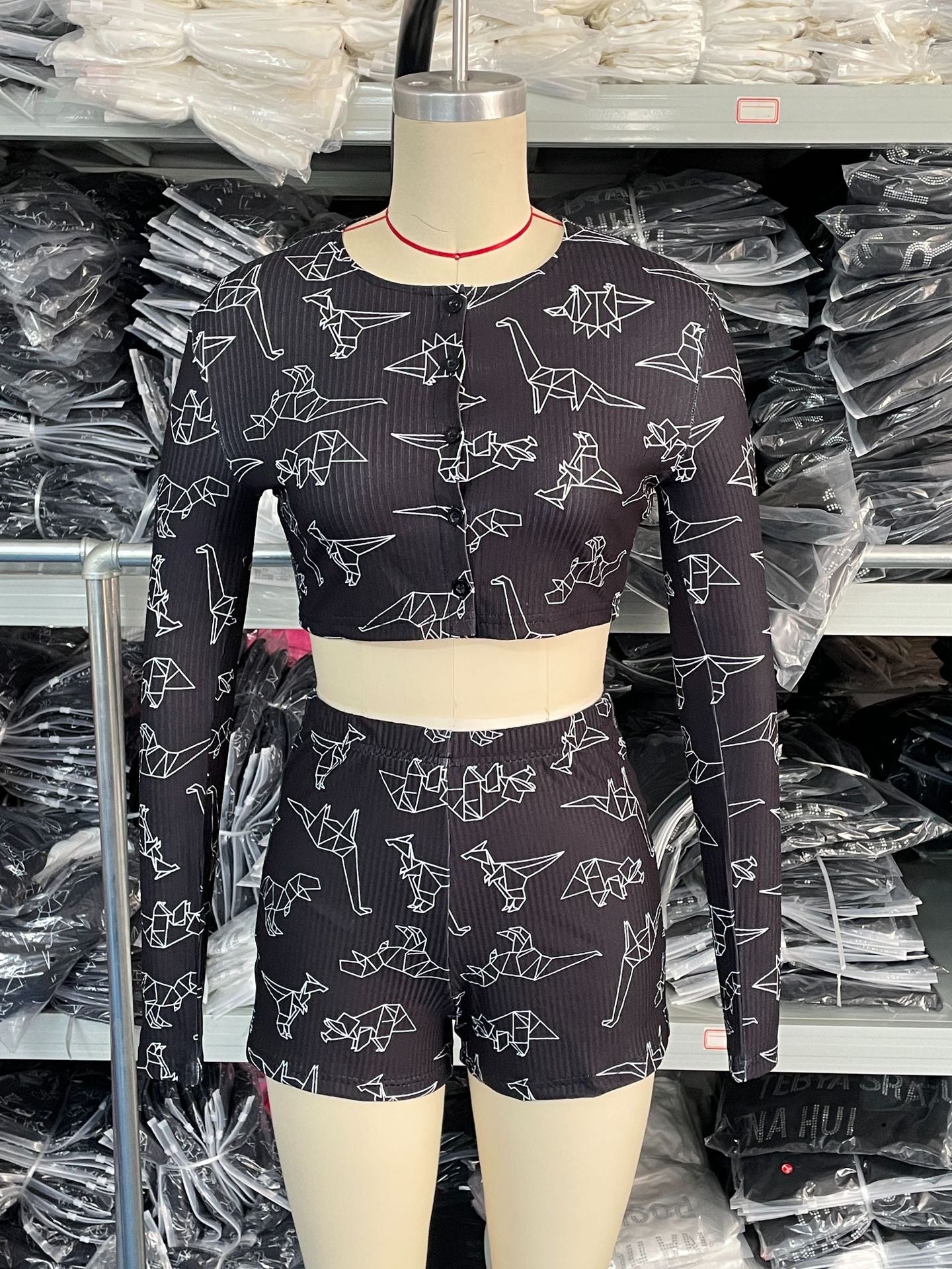 Women's Casual Summer Button Crop Long-Sleeved T-Shirt Tight Fitting Shorts Two Piece Set For Women 11