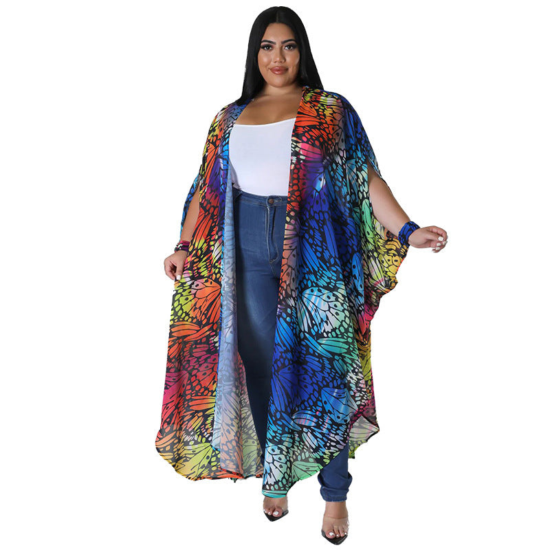 Plus Size Women's Fashion Printed Chiffon Cape Shirt 3