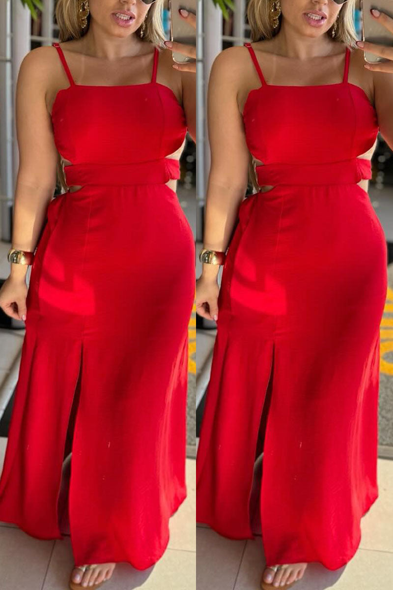 Solid Color Strap Backless Lace-Up Slit Long Dress 3
