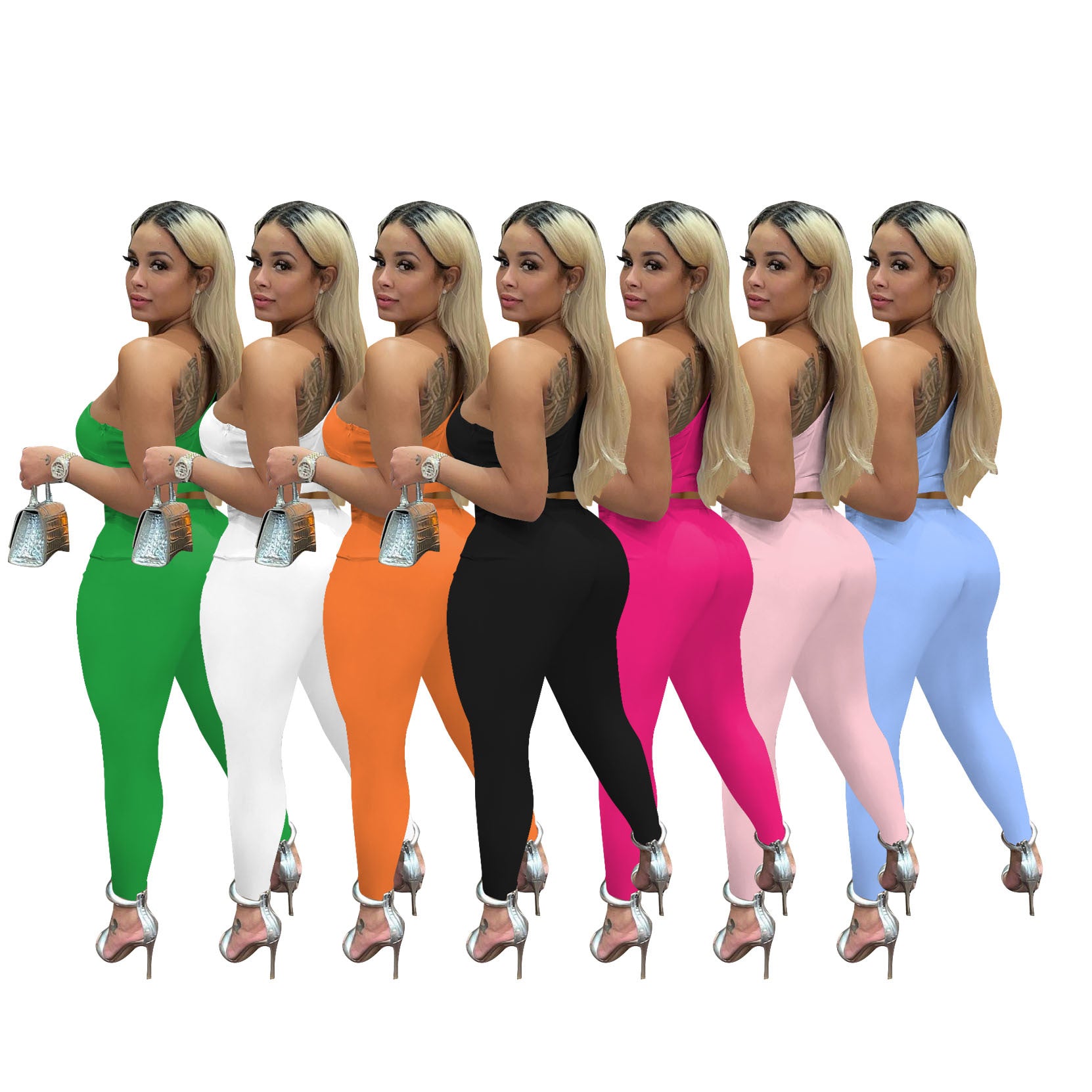 Women'S Fashion Sexy Slash Shoulder One Sleeve Simple Design Two Piece Pants Set 19