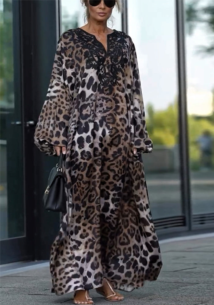 Autumn Loose Leopard Print Long Sleeve Plus Size Dress