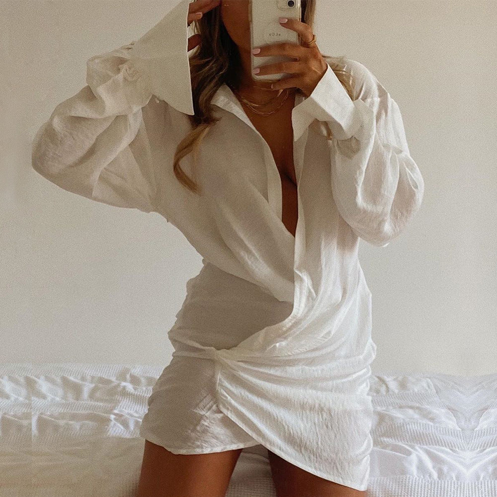 Long Sleeve White Sexy Deep V Women's Linen Shirt Dress