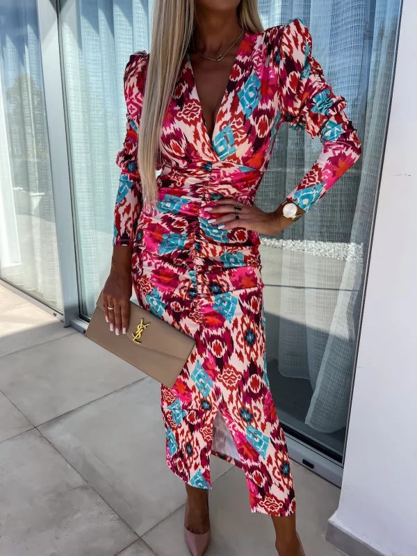 Women Spring Puff Long Sleeve Slit V Neck Print Dress 5