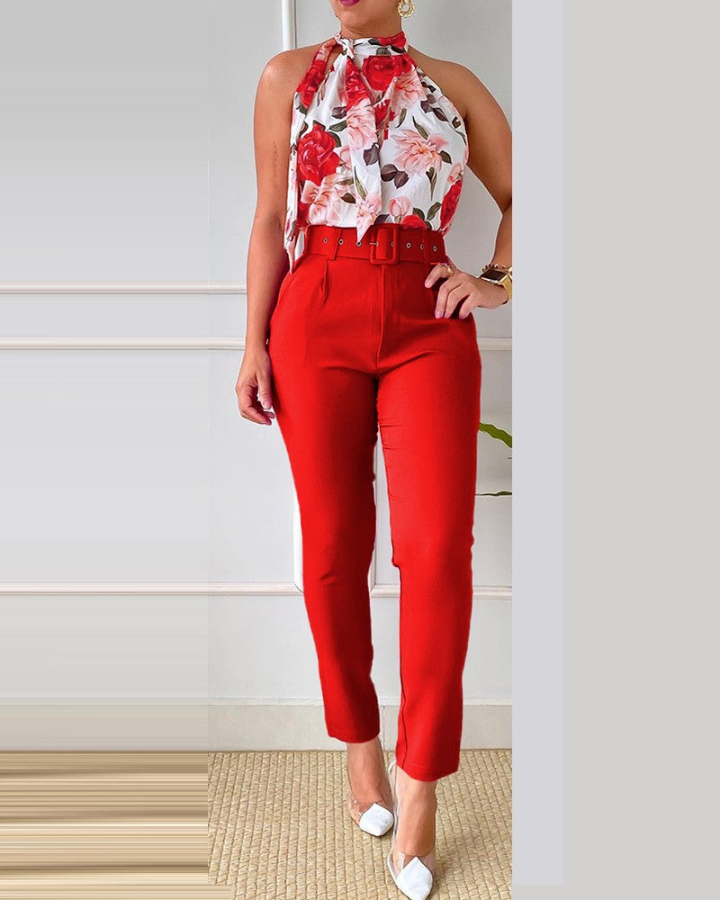 Spring Print Fashion Casual Elegant Sleeveless Two Piece Pants Suit 11