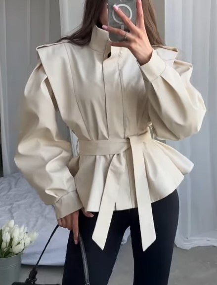Women Fall Turndown Collar Long-Sleeved Crop Top