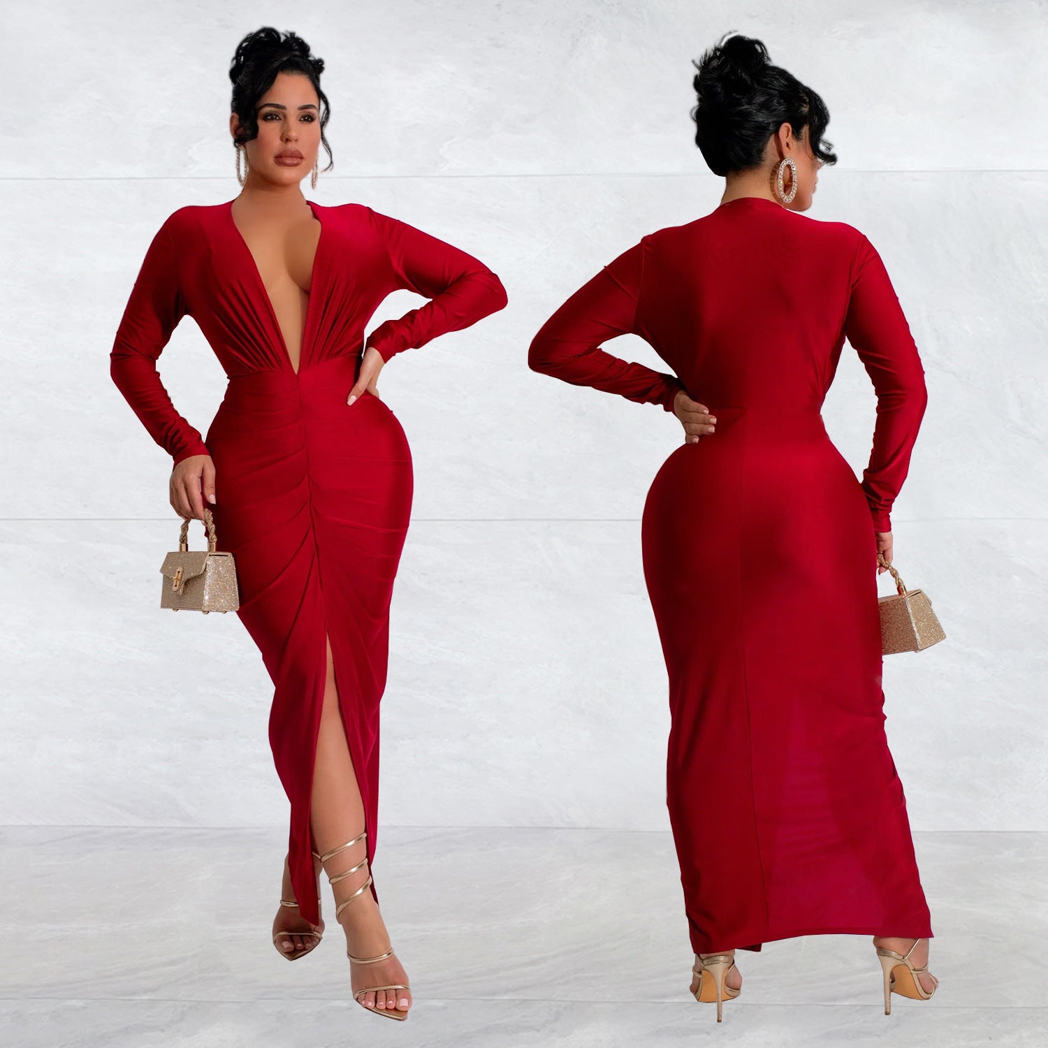 Women V-Neck Slit Solid Dress（customized,MOQ 6pcs/size/color,process time 7-10 days） 3