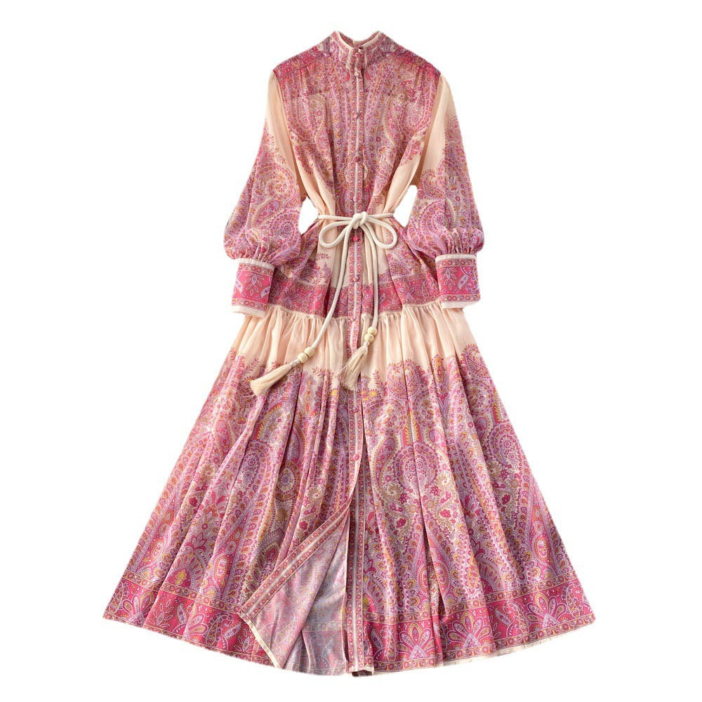 Women Stand Collar Balloon Sleeve Printed Dress 7