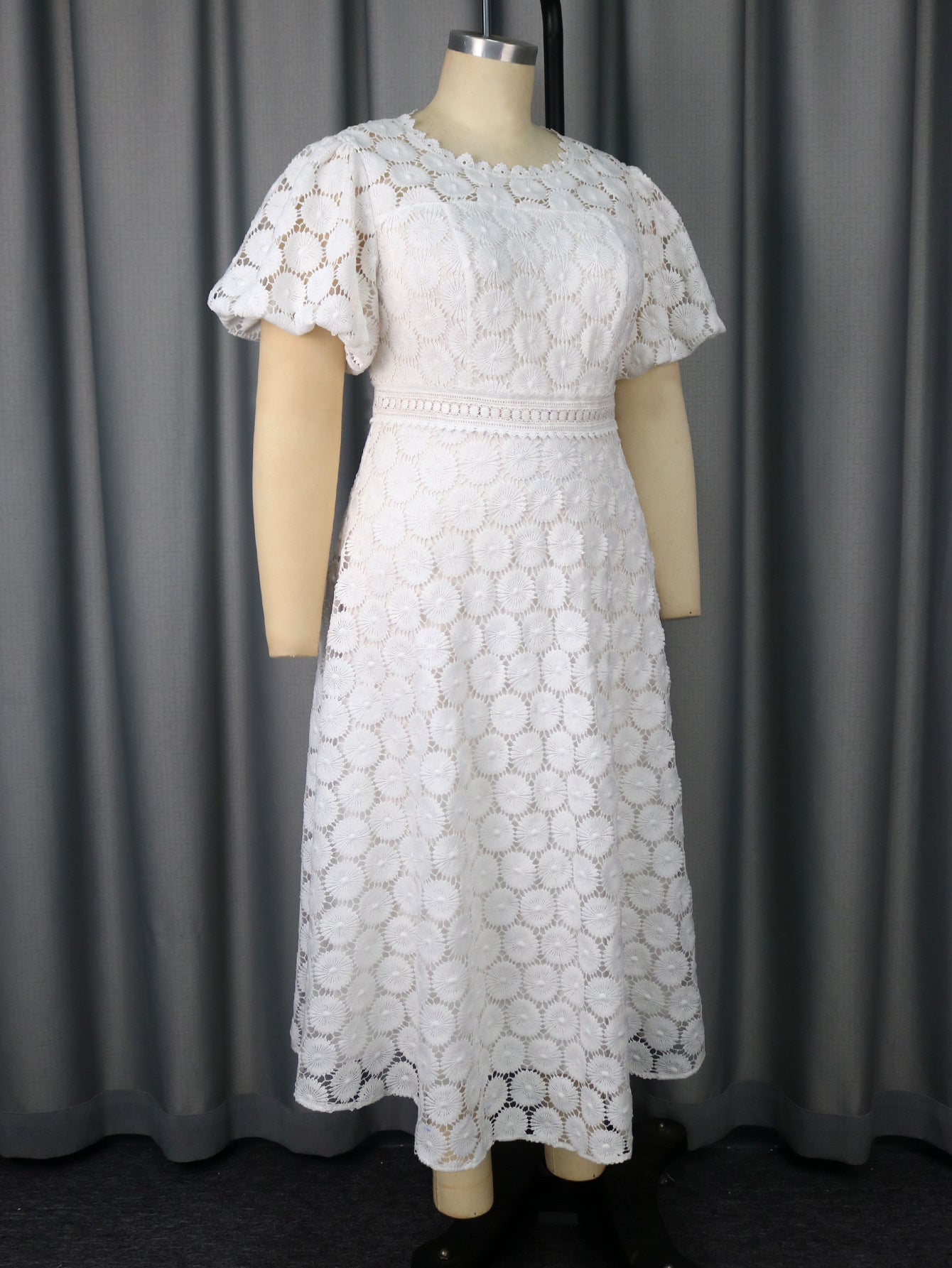 Africa Plus Size Round Neck Lace Puff Sleeve High Waist A-Line Formal Party Evening Gown 5