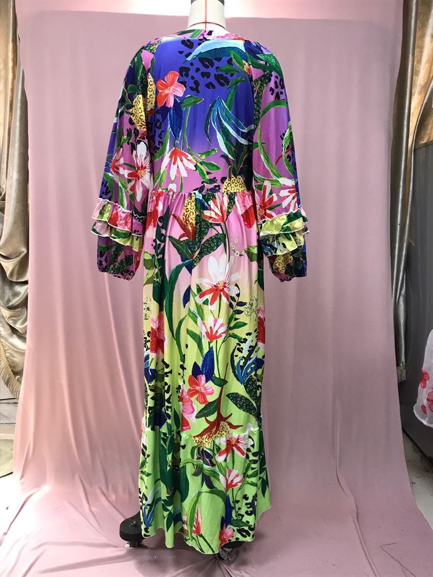 Women summer printed gradient ruffled v-neck sexy Maxi dress 13