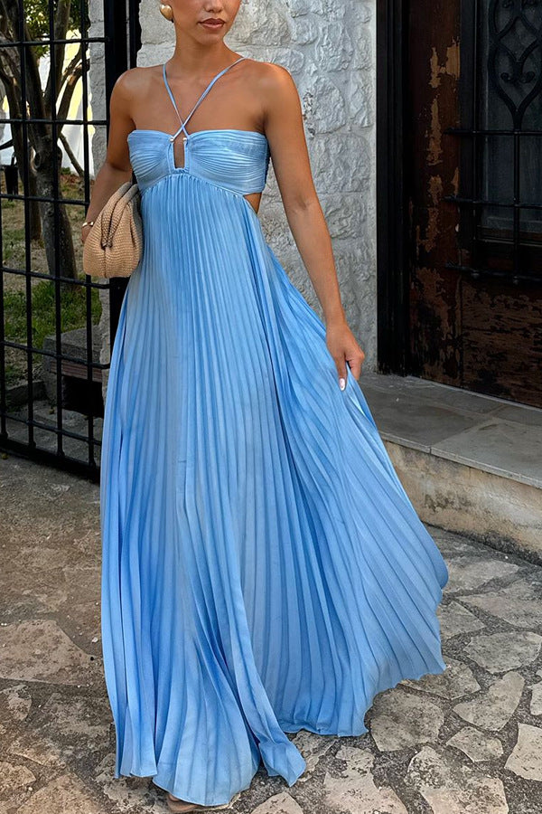 Women's Sweet Sexy Halter Strapless Pleated Solid Color Maxi Dress