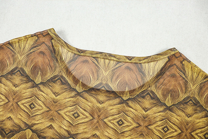 Elegant Women's Slim Waist Semi-Sheer Printed Round Neck Long Sleeve A-Line Dress 13