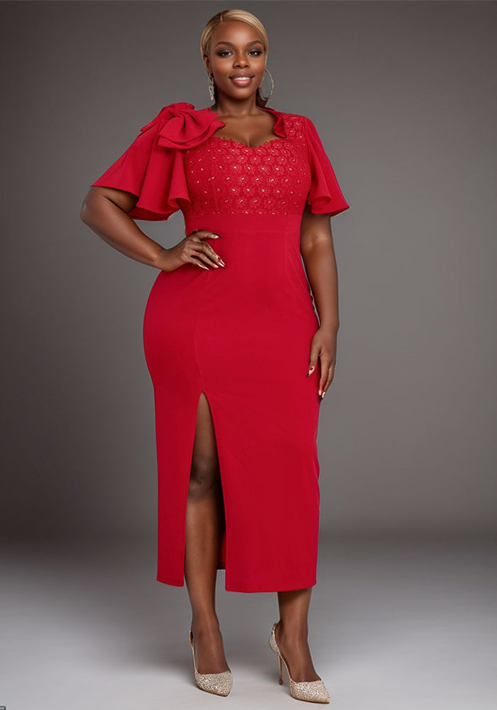 Women ruffle bow sexy Formal Party lace dress