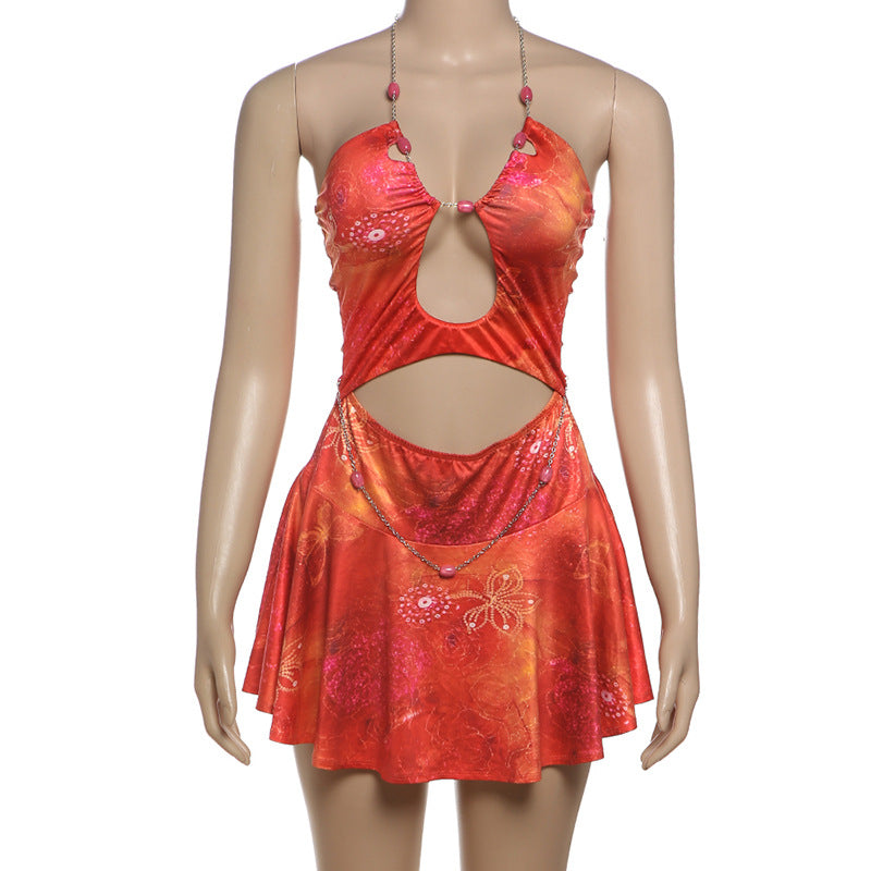 Women's Summer Style Chain Halter Neck Sexy Cut-out Print Dress 9
