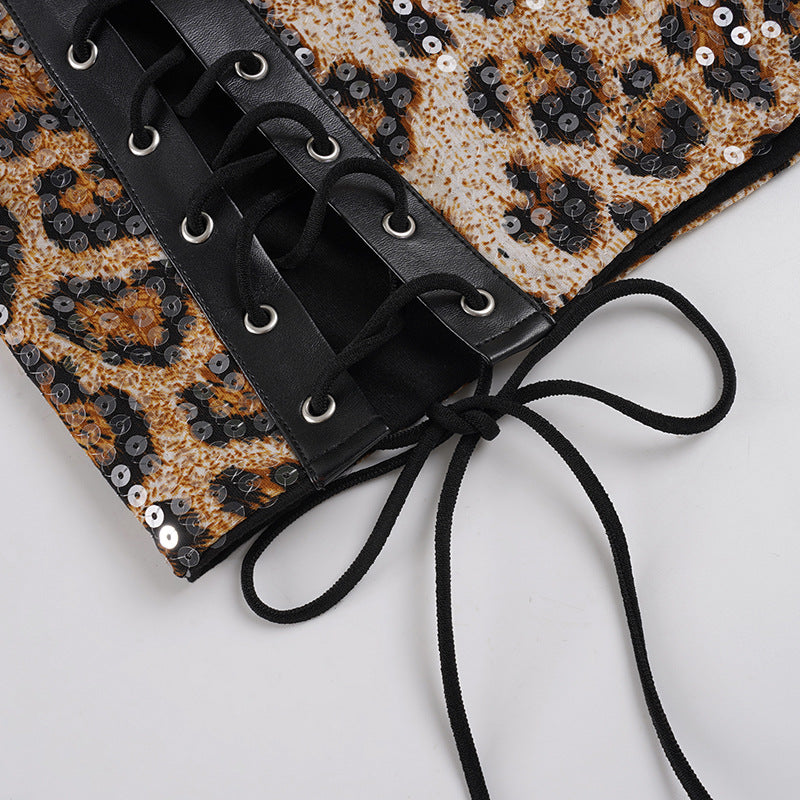Sexy Side Lace-Up Leopard Print Bodycon Short Skirt with Sequins 18