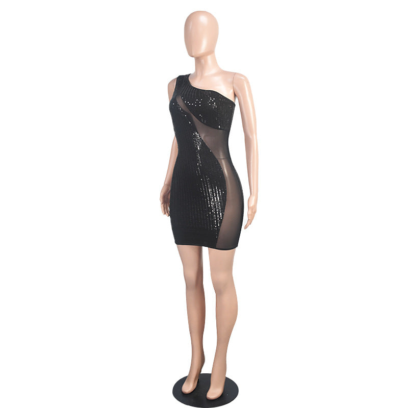 Women's Slash Shoulder Sequin Mesh Sexy Nightclub Fashion Bodycon Dress 6