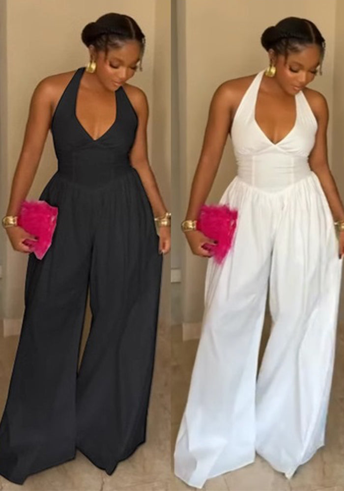 Elegant Halter Neck V-Neck Low-Back Solid Color Wide-Leg Jumpsuit