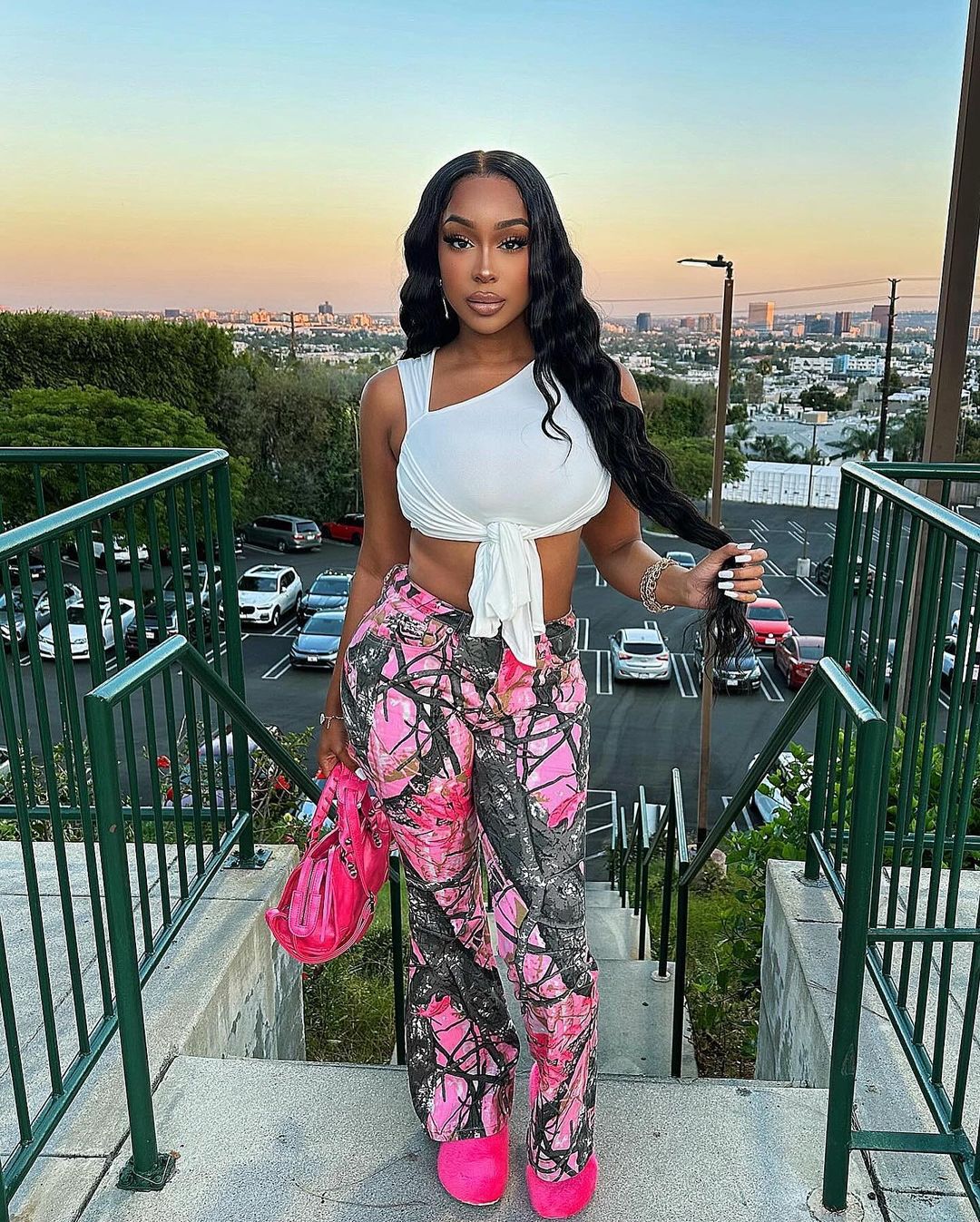 Women Pink Camouflage Street Bell Bottom Pants