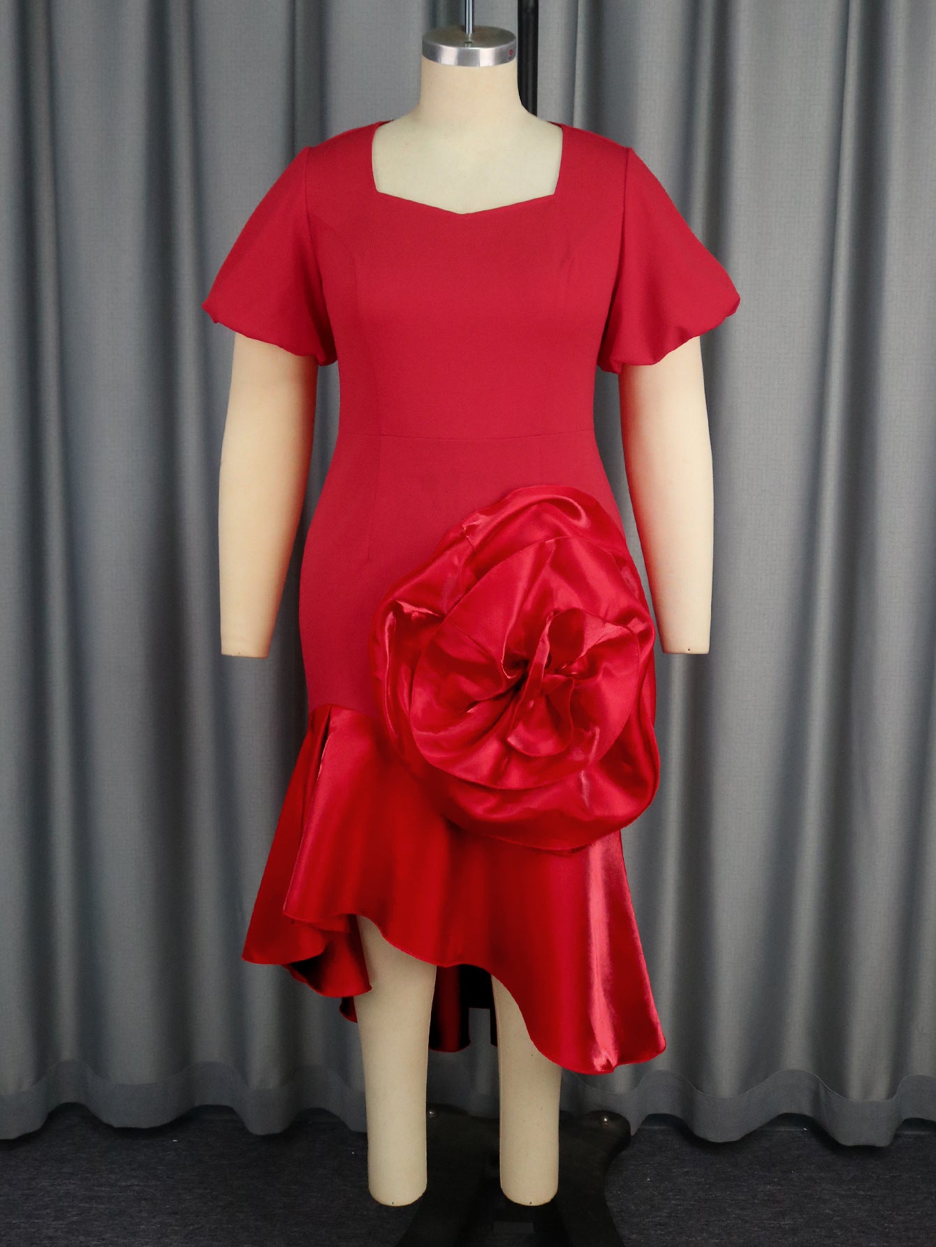 Square Neck Puff Sleeve Fishtail High Waist Formal Party Dress