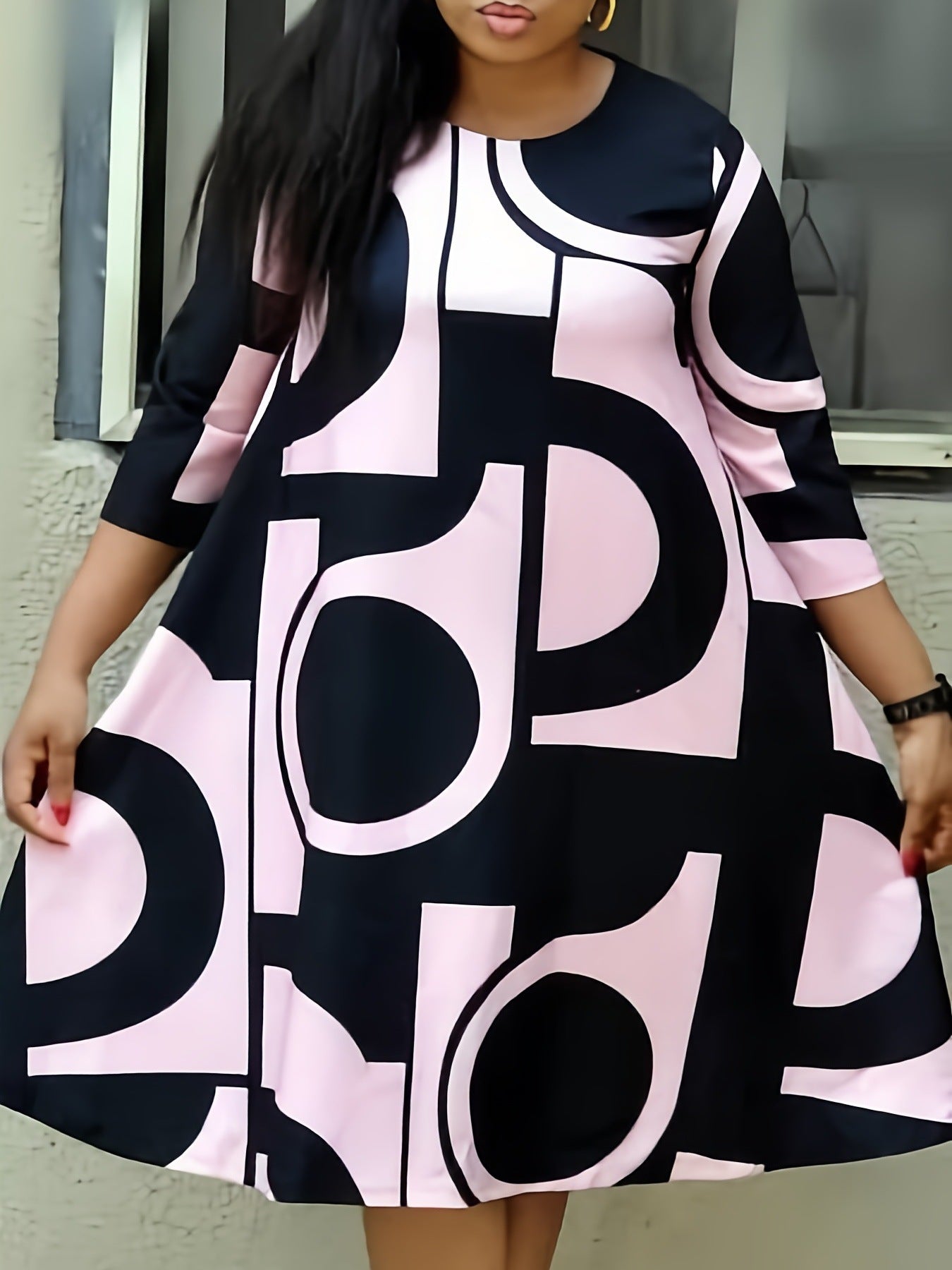 Plus Size Women's Autumn And Winter Digital Print Round Neck Half-Sleeve Loose Dress 5