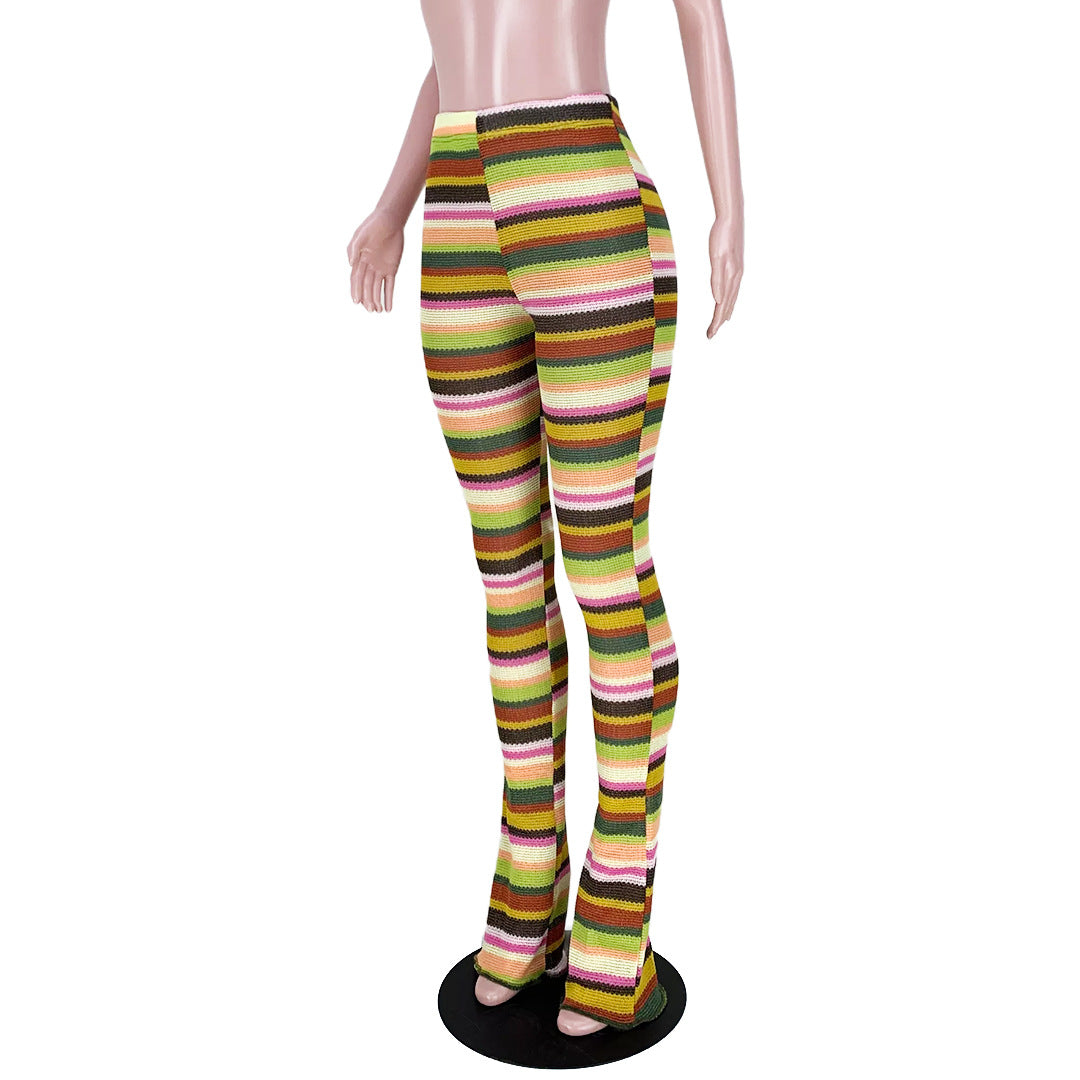 Women's Colorful Striped knitting Hollow Jacquard Fashion Pants Bell Bottom Pants 19