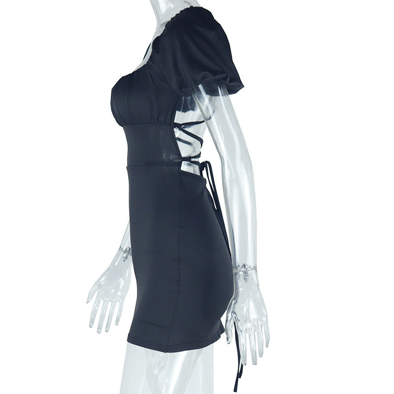 Women sexy U-neck Solid puff sleeve dress 8