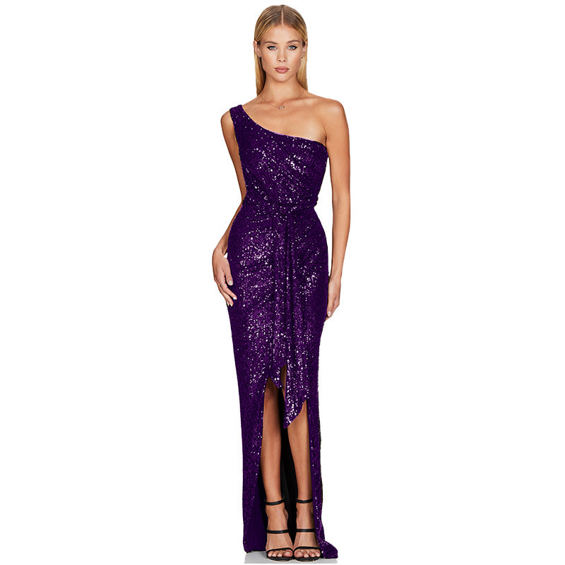 Women's One-Shoulder Lace-Up Sequined Evening Dress 11