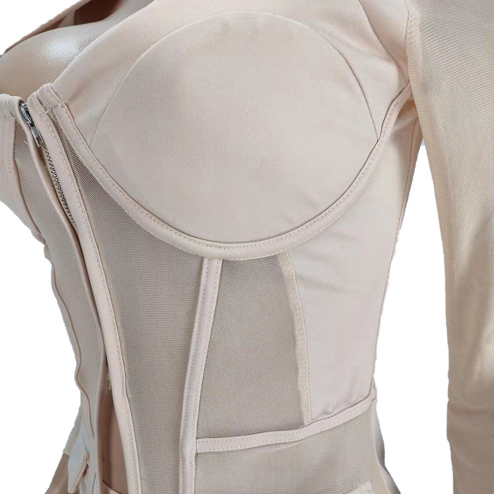 Women Mesh See-Through Patchwork Zipper Top and Shorts Two-piece Set 24