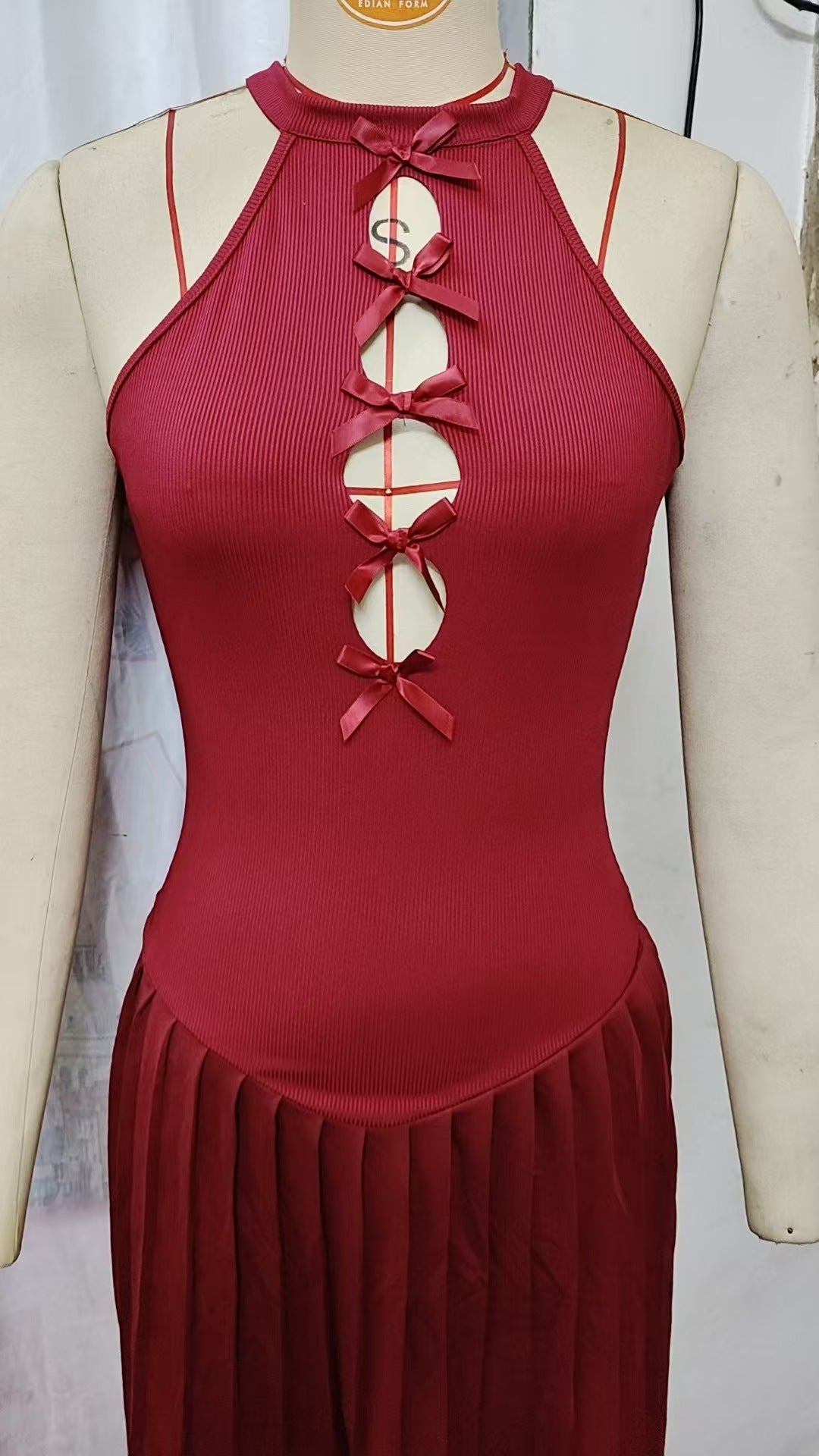 Fashion Women's Slim Fit Sexy Solid Color Ribbed Patchwork Pleated Short Dress 7