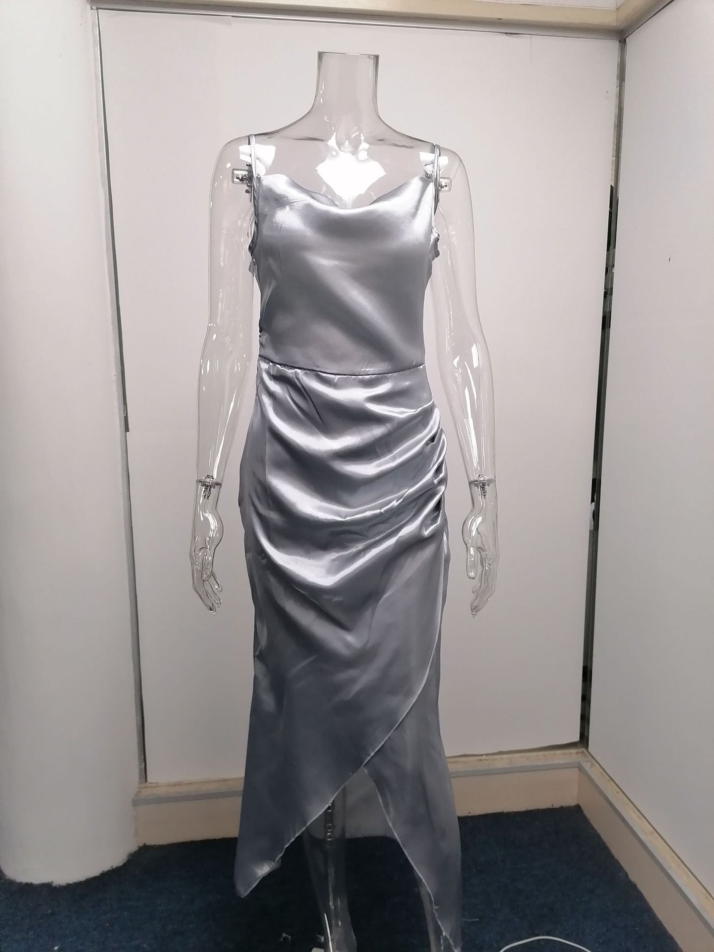 Sexy Low Cut Satin Slit Strap Dress Slim Fit Low Back Maxi Dress 27