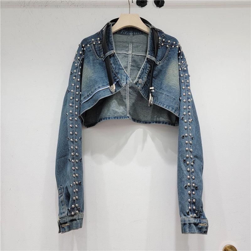 Turndown Collar Long Sleeve Beaded Decoration Street Trend Denim Jacket
