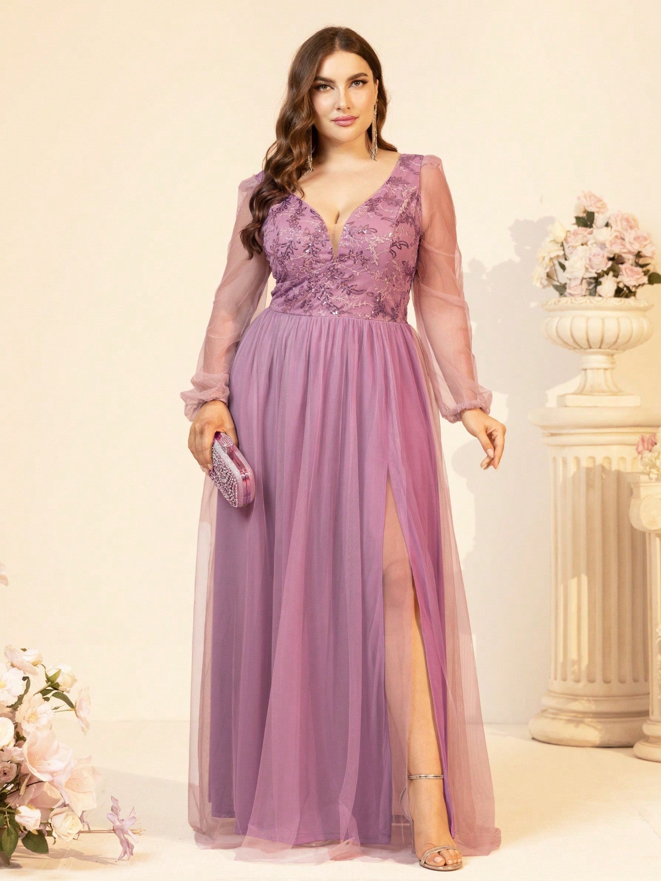 Plus Size Women Spring Summer Sequined Mesh Patchwork Evening Dress