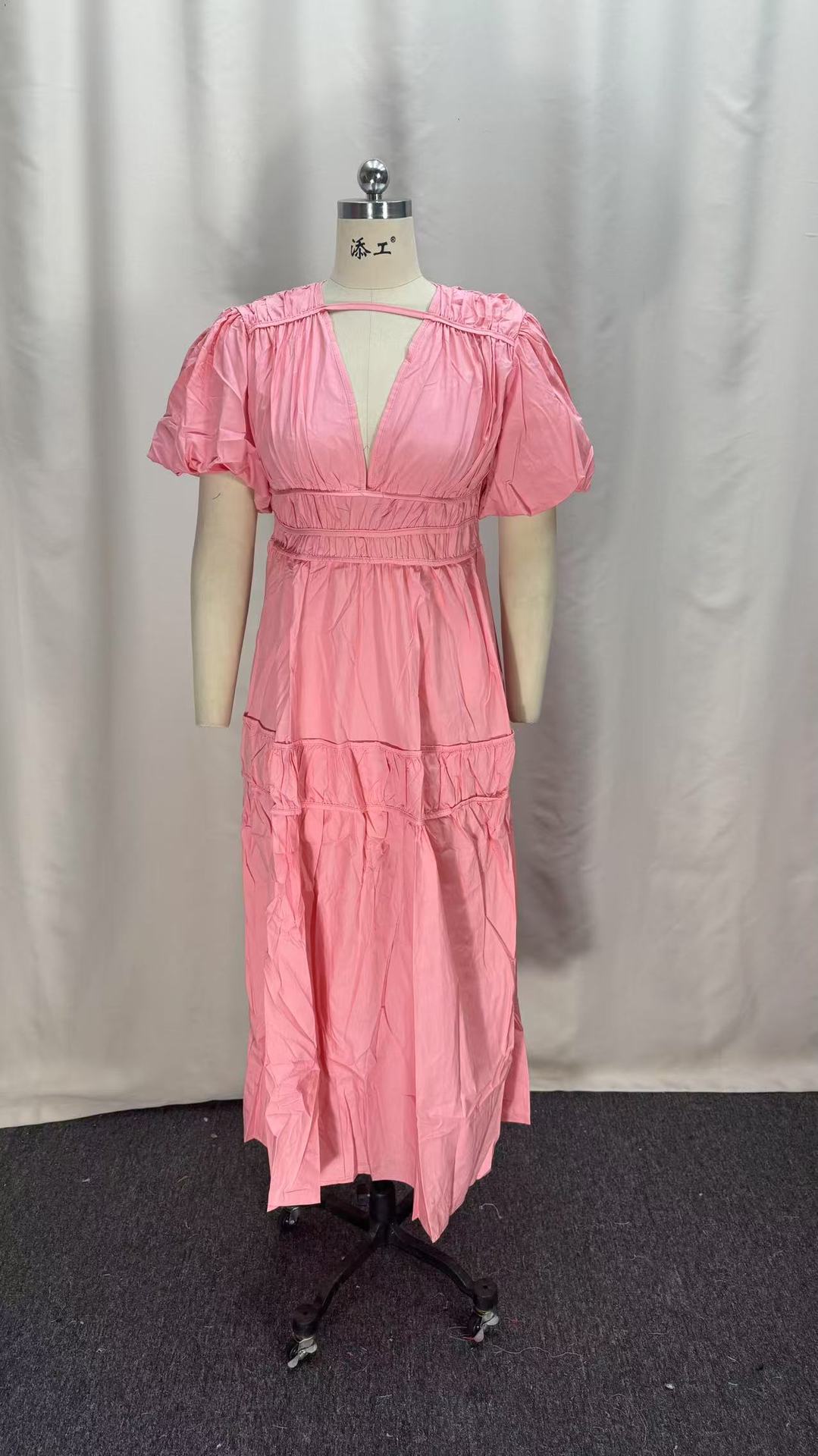 Women Spring V-Neck Zipper Puff Sleeve Hollow Maxi Dress 6